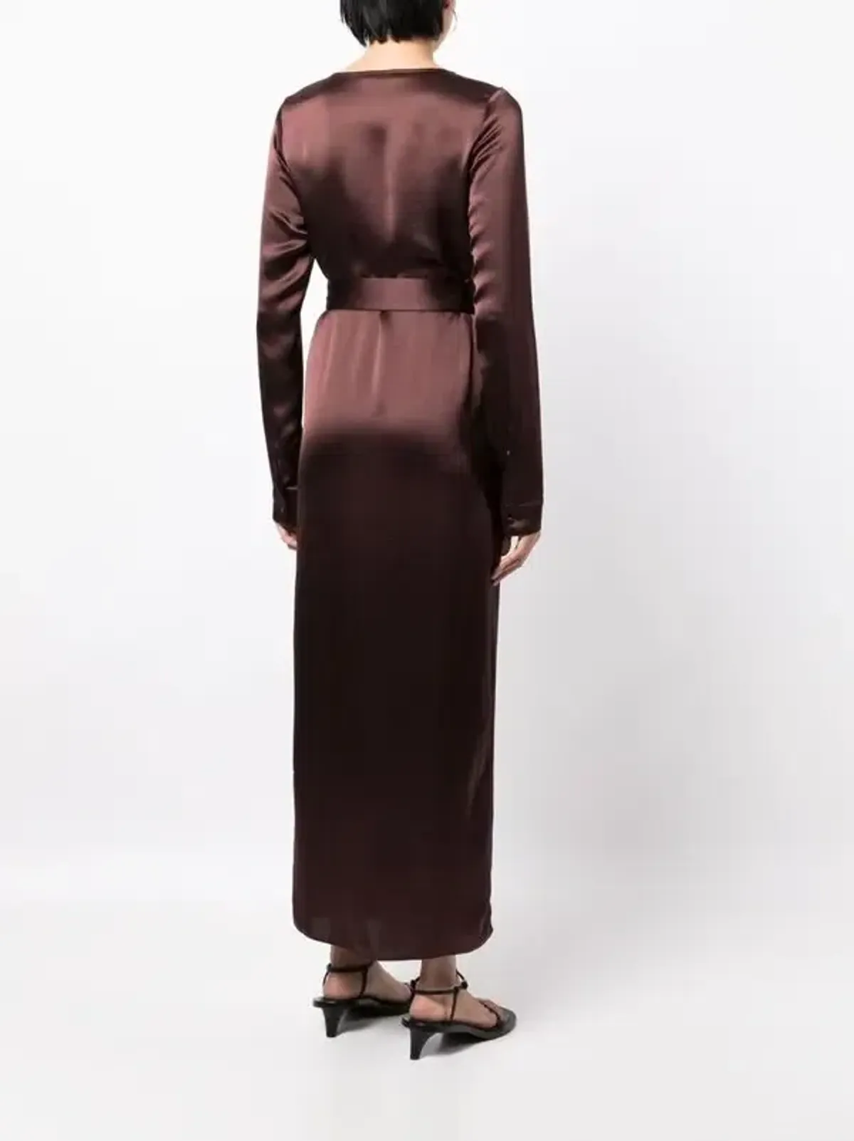 Anna Quan Chocolate Brown Satin Wrap Midi Dress AU10 - Image 4