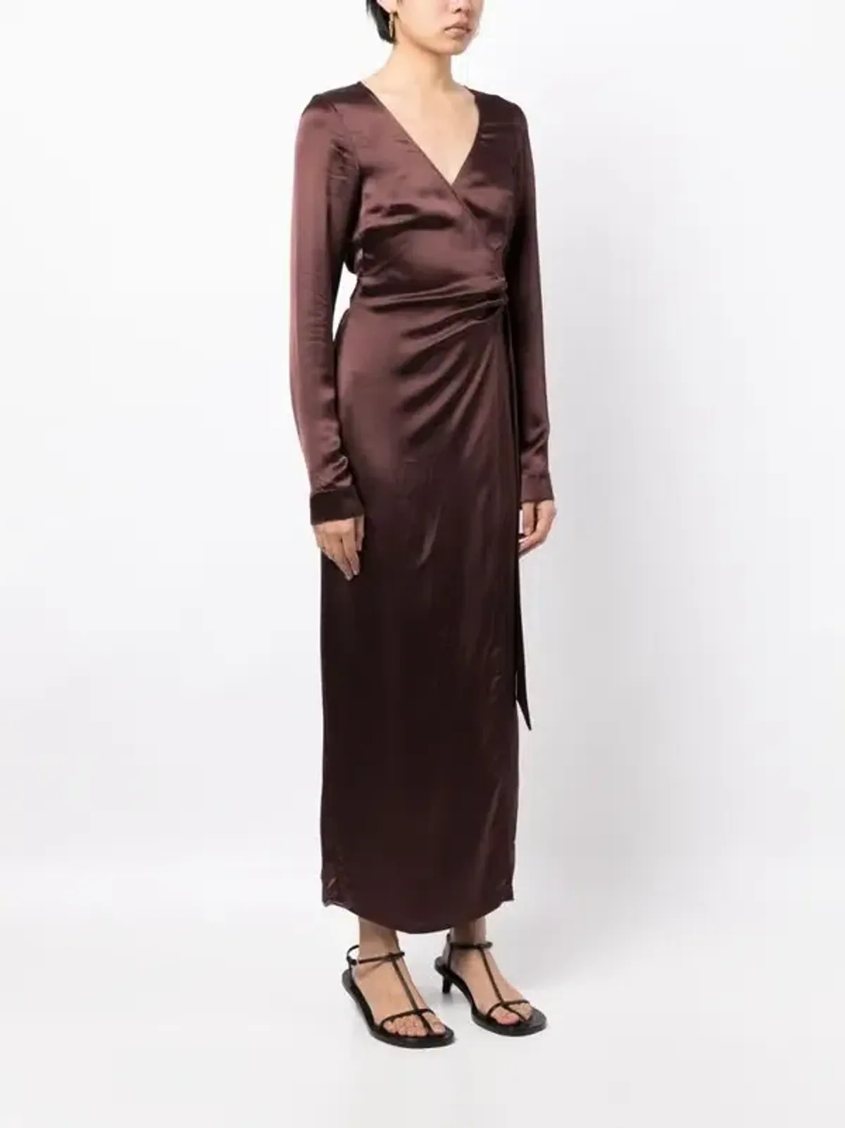 Anna Quan Chocolate Brown Satin Wrap Midi Dress AU10 - Image 3