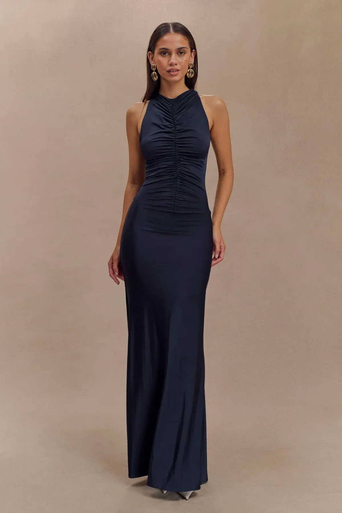 Priya Slinky Ruched Halter Maxi Dress - Navy - Image 1