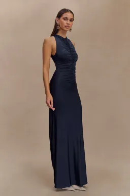 Priya Slinky Ruched Halter Maxi Dress - Navy for rent on The Volte - image 4