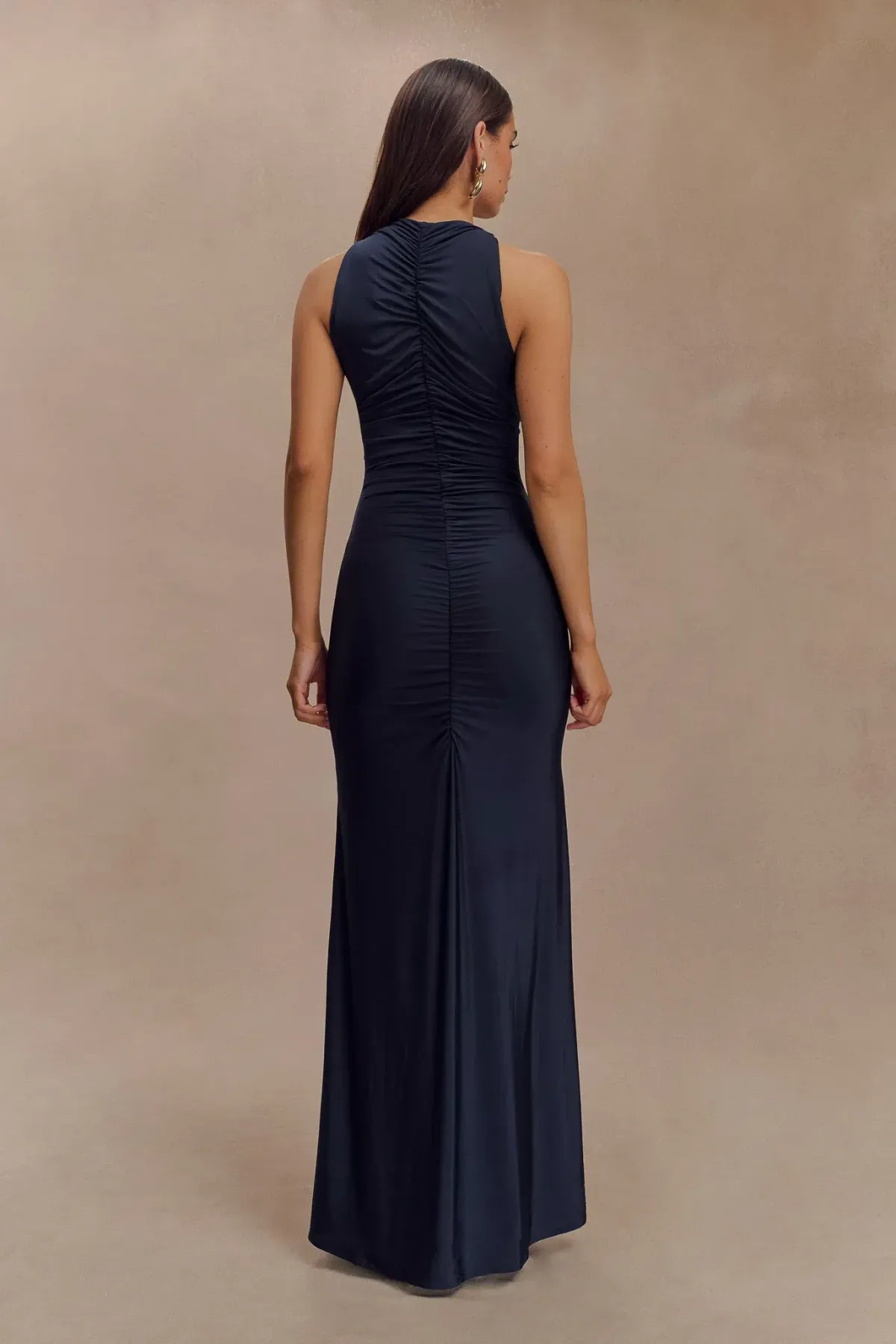 Priya Slinky Ruched Halter Maxi Dress - Navy - Image 2