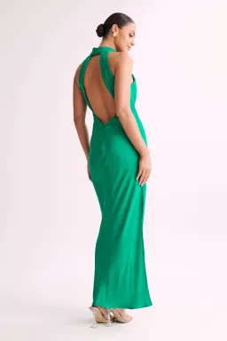 Claire Satin Drape Back Maxi Dress with Split - Green for rent on The Volte - image 2
