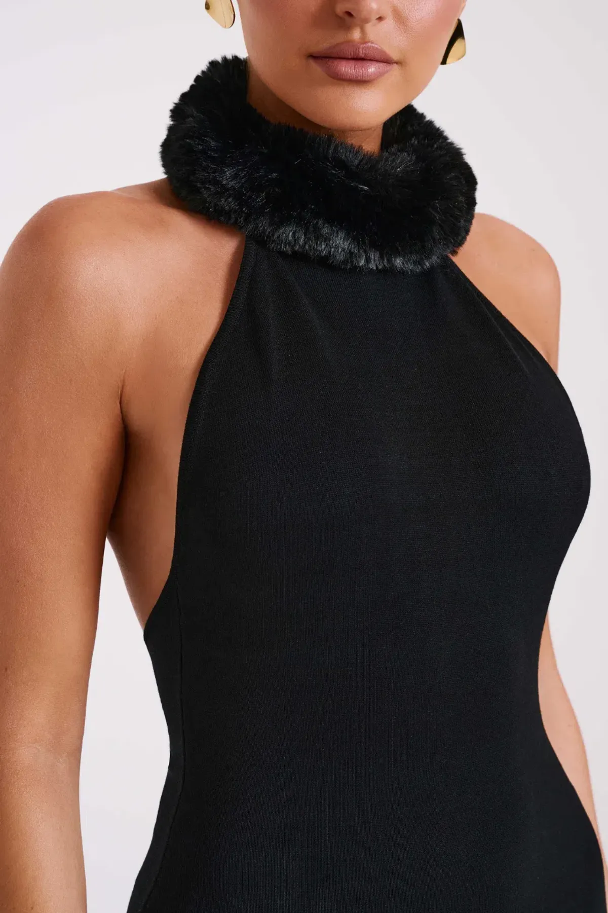 Elva Halter Knit Maxi Dress With Faux Fur - Black - Image 3