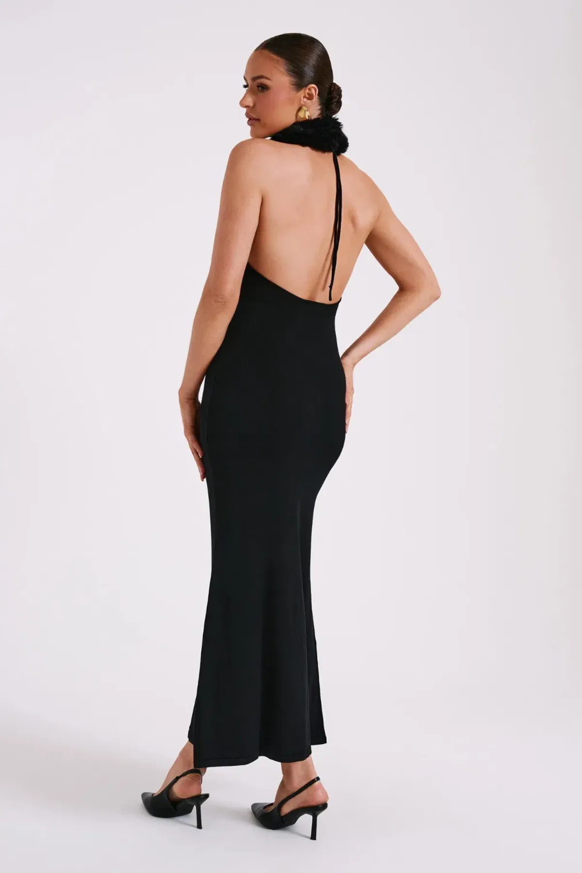 Elva Halter Knit Maxi Dress With Faux Fur - Black - Image 2
