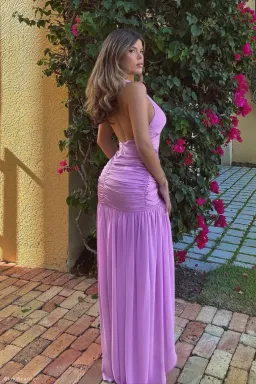 Graziana Satin Chiffon Plunge Maxi Dress - Violet for rent on The Volte - image 2