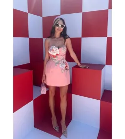 Leo Lin Rosario Appliqué Bustier Mini Dress Peony Print Size 12 for rent on The Volte - image 1