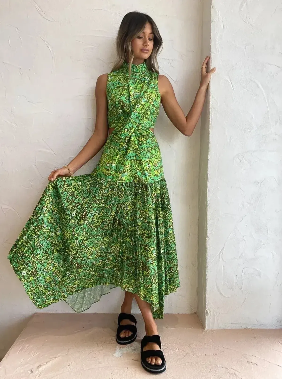 Alemais Phyllis Twist Front Pleat Dress in Acid Green Size 12 - Image 1