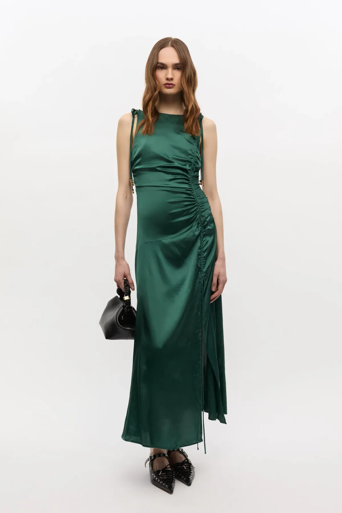 Ganni Green Satin Gathered Dress - Image 1