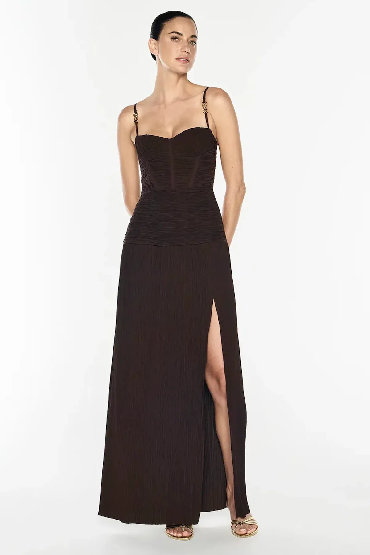 DOUBLE TIME PLEAT DRESS | DARK CHOCOLATE - Image 1