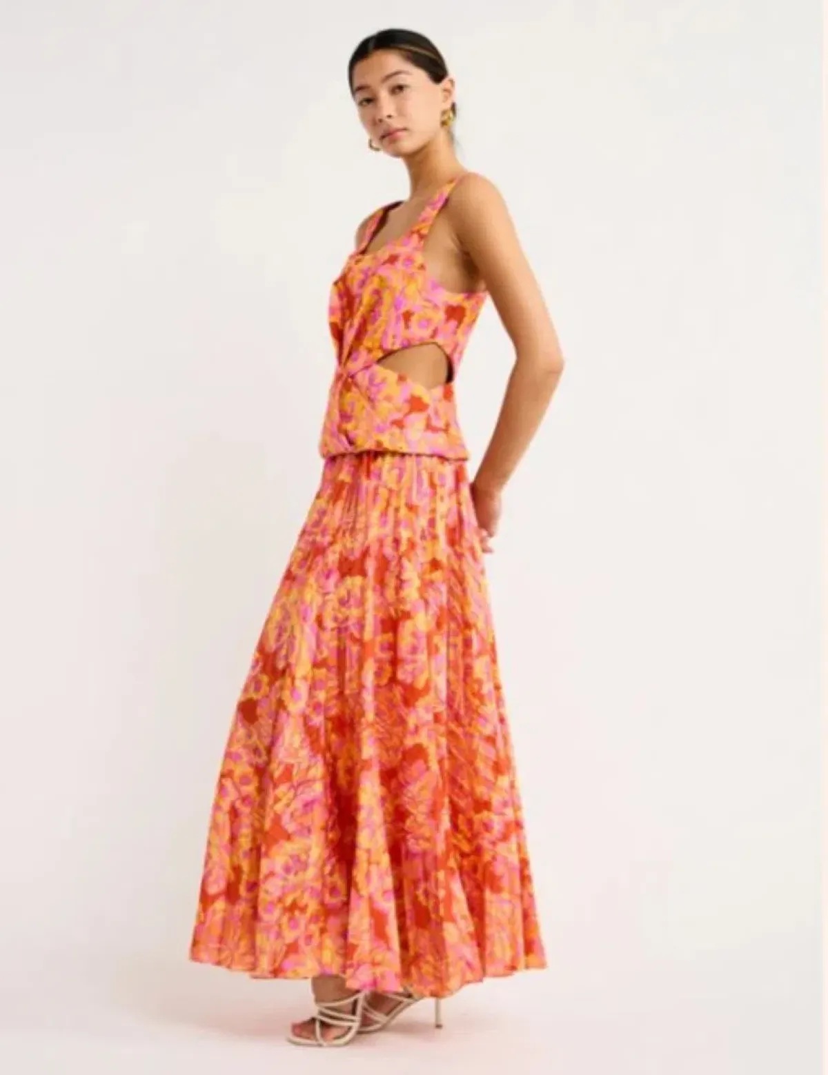 Acler Chester Midi Dress Summer Bloom Floral Orange Pink Size Au 12 - Image 3
