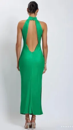 Meshki Claire Satin Drape Back Maxi Dress with Split Green s.8 for rent on The Volte - image 3