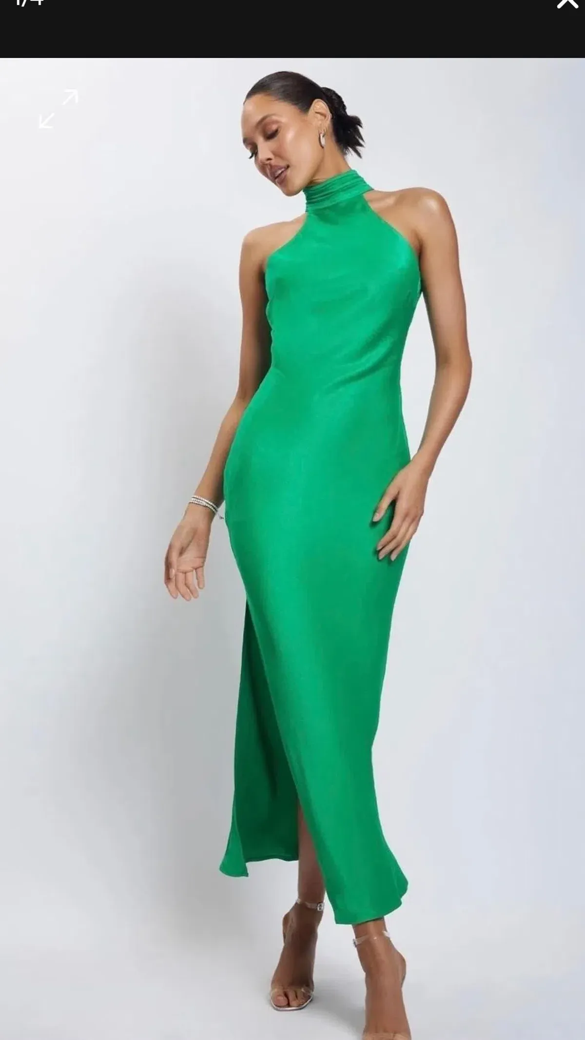Meshki Claire Satin Drape Back Maxi Dress with Split Green s.8 - Image 1