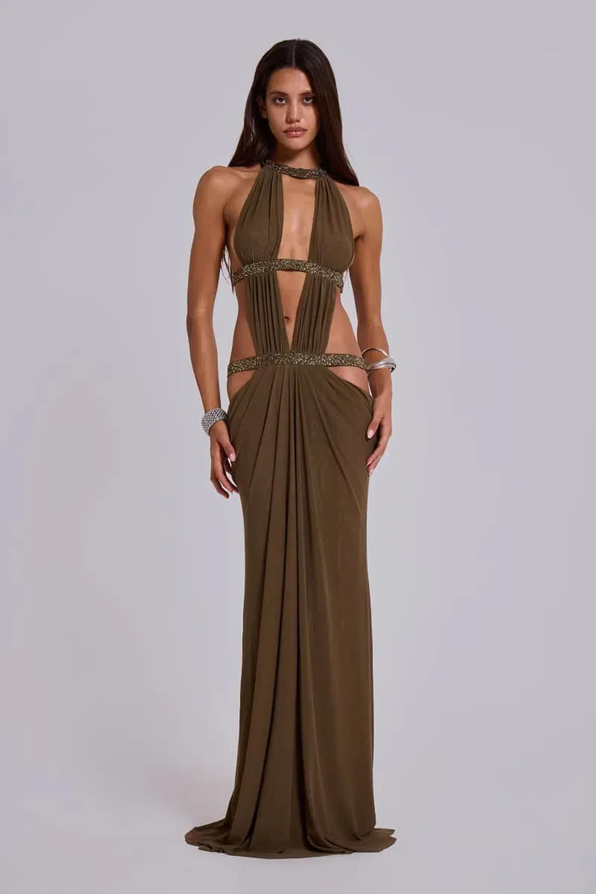 JADED LONDON 6AM Cut Out Maxi Dress in Moss - Image 1