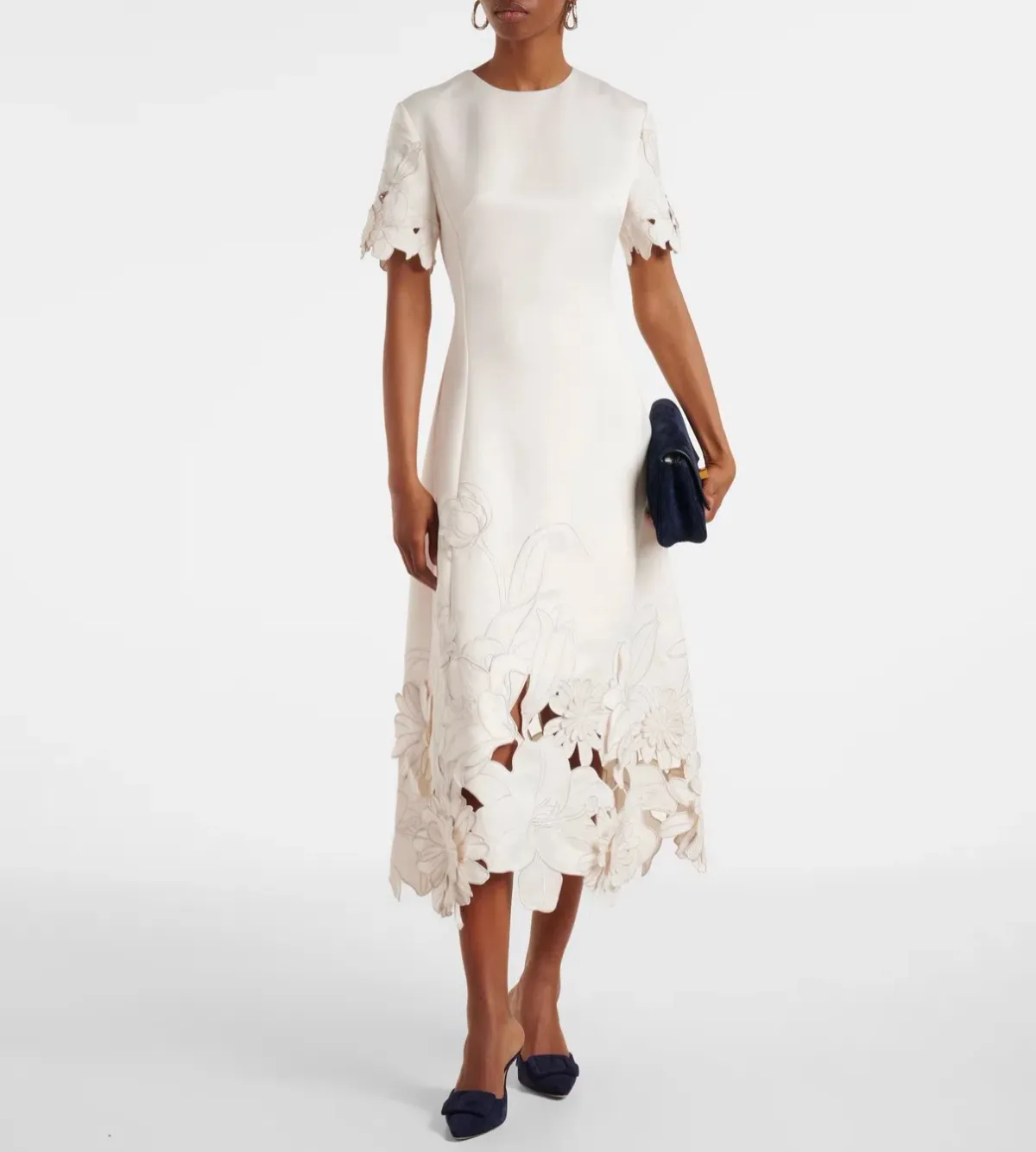 Leo Lin Caroline Applique Short Sleeve Midi Dress Ivory Size 10 - Image 3