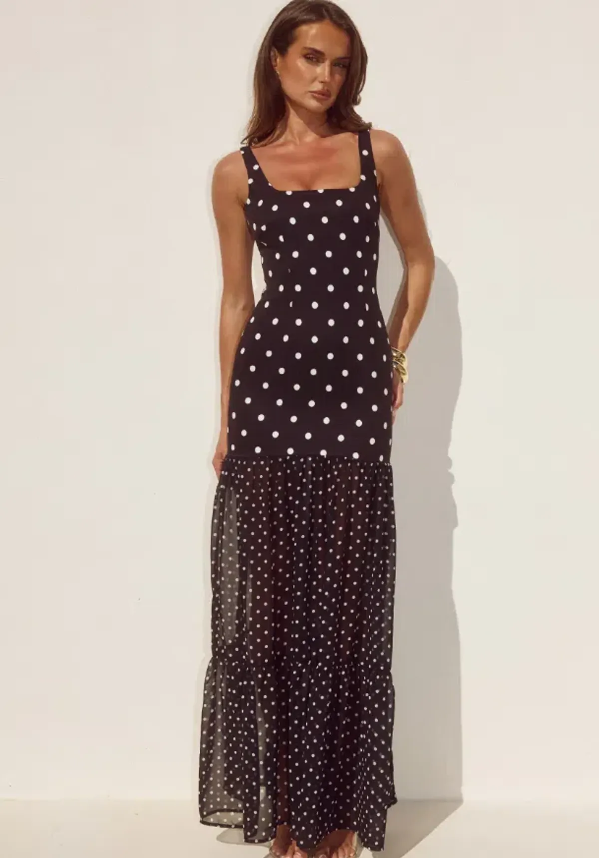 Runaway The Label Tillie Sheer Bottom Maxi Dress - Black/White Polka Size 12 - Image 1