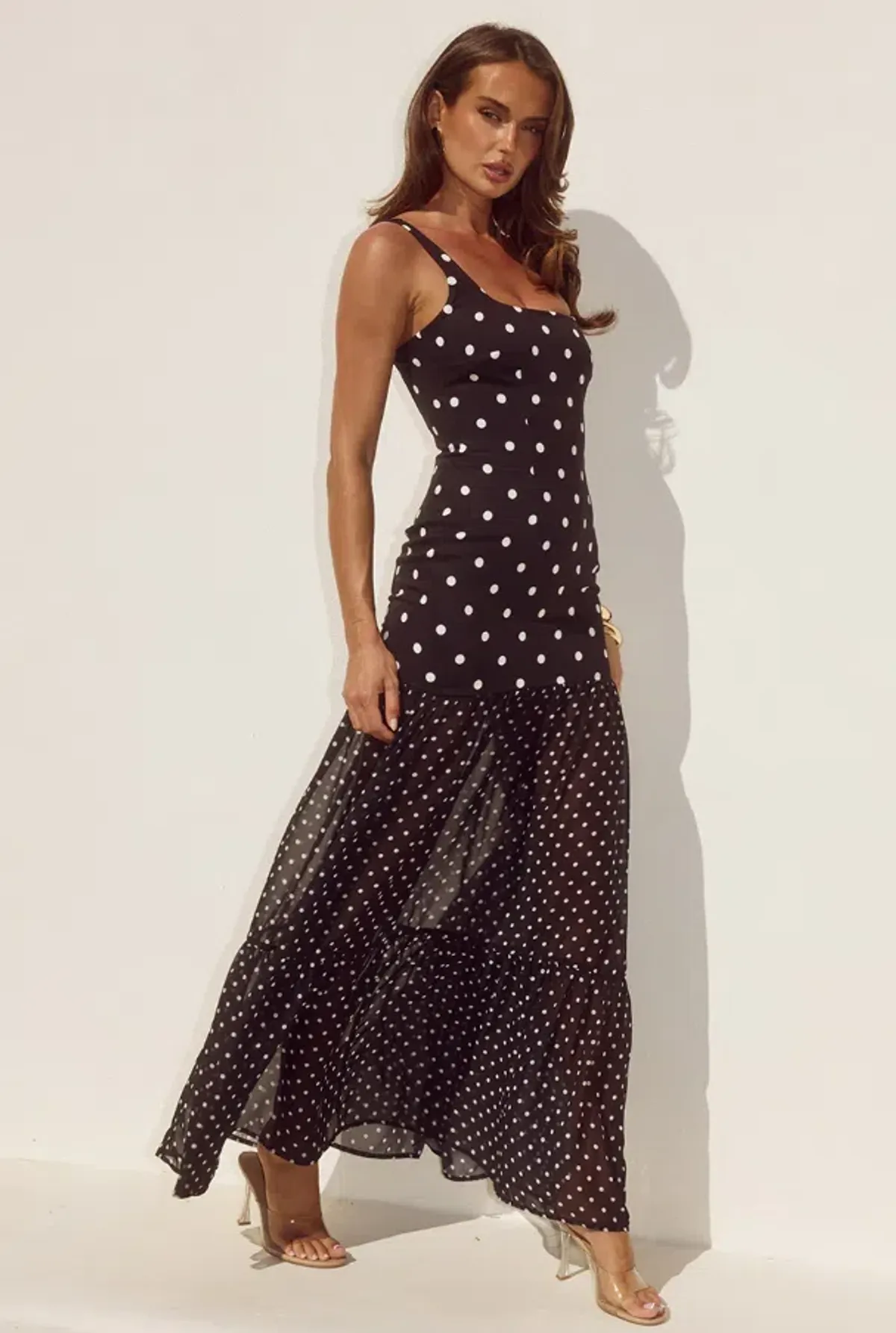 Runaway The Label Tillie Sheer Bottom Maxi Dress - Black/White Polka Size 12 - Image 3