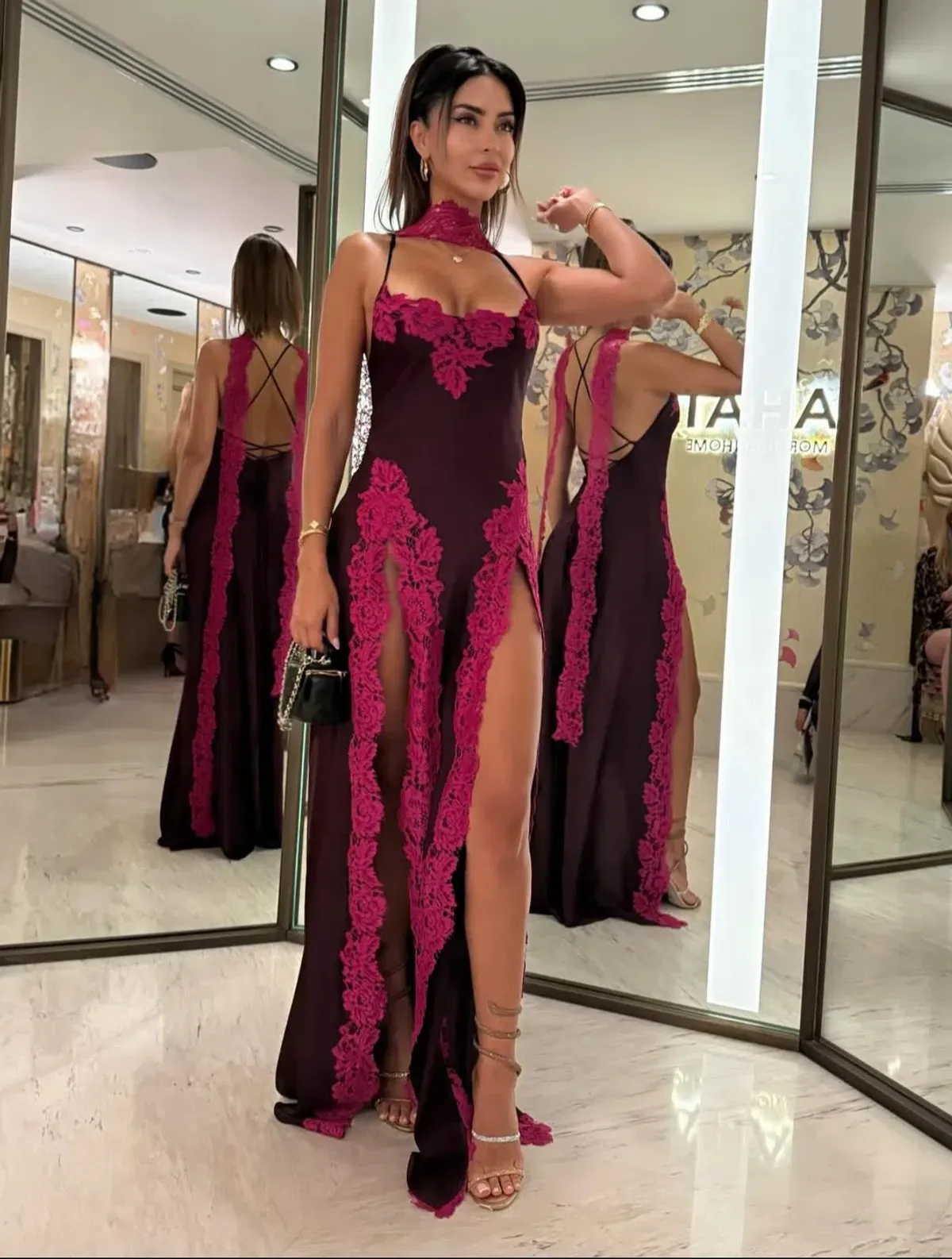 Khirzad Femme Rio Long Slip Dress Red wine Pink lace size 6  - Image 1