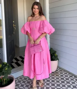 Aje Eugenie Off Shoulder Midi Dress size 8 pink  for rent on The Volte - image 1