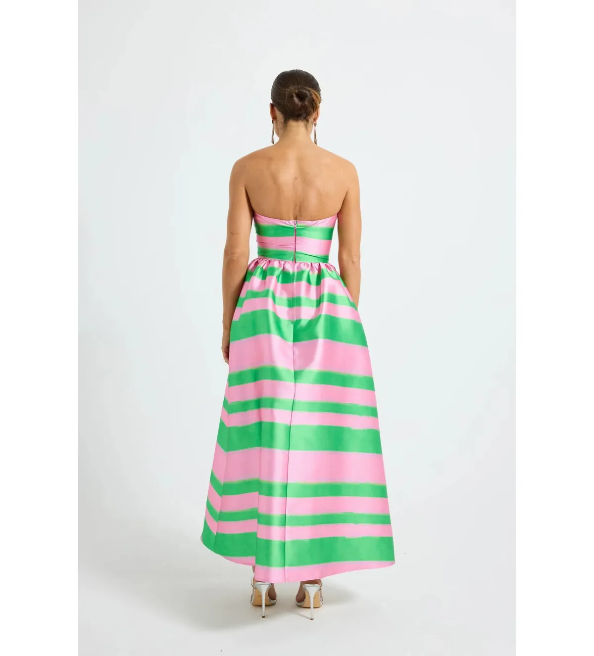 Pasduchas Gigi Strapless Midi Dress Pink and Green Stripe Taffeta Size 10 - Image 6