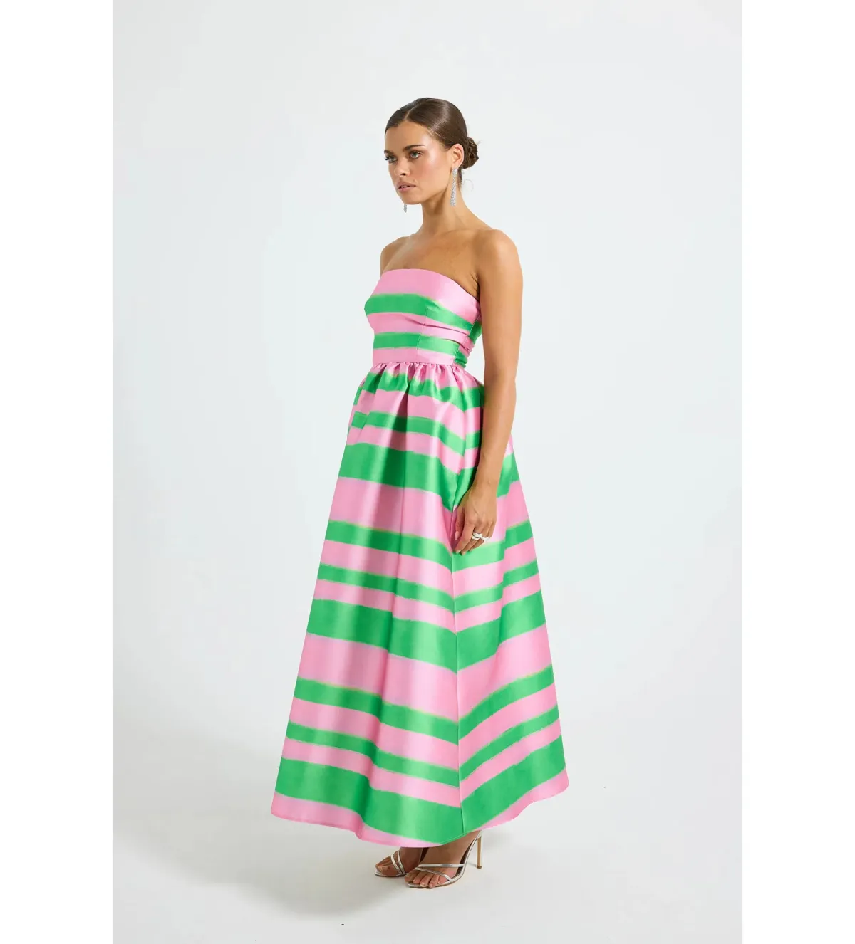 Pasduchas Gigi Strapless Midi Dress Pink and Green Stripe Taffeta Size 10 - Image 5