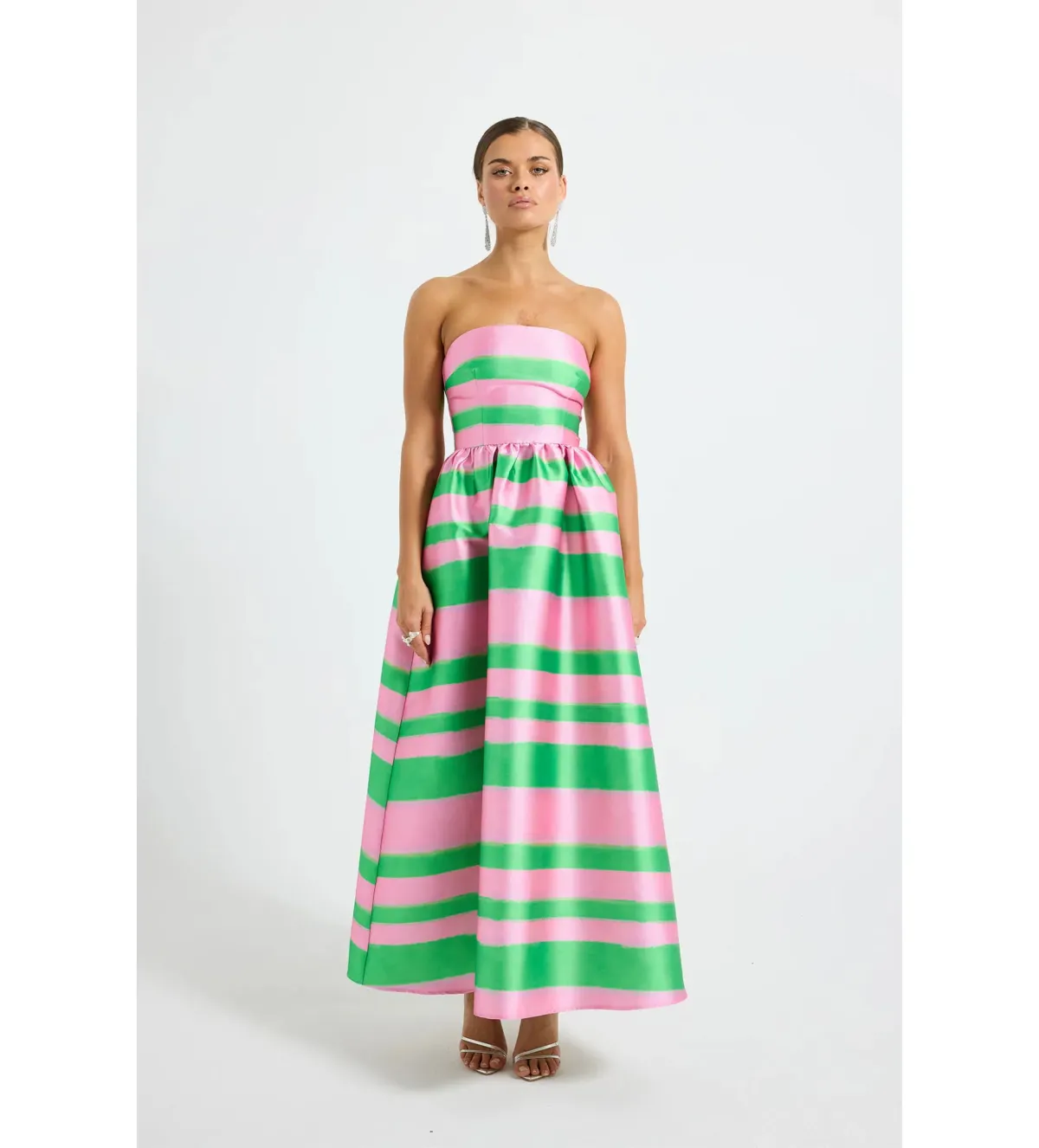 Pasduchas Gigi Strapless Midi Dress Pink and Green Stripe Taffeta Size 12 - Image 2