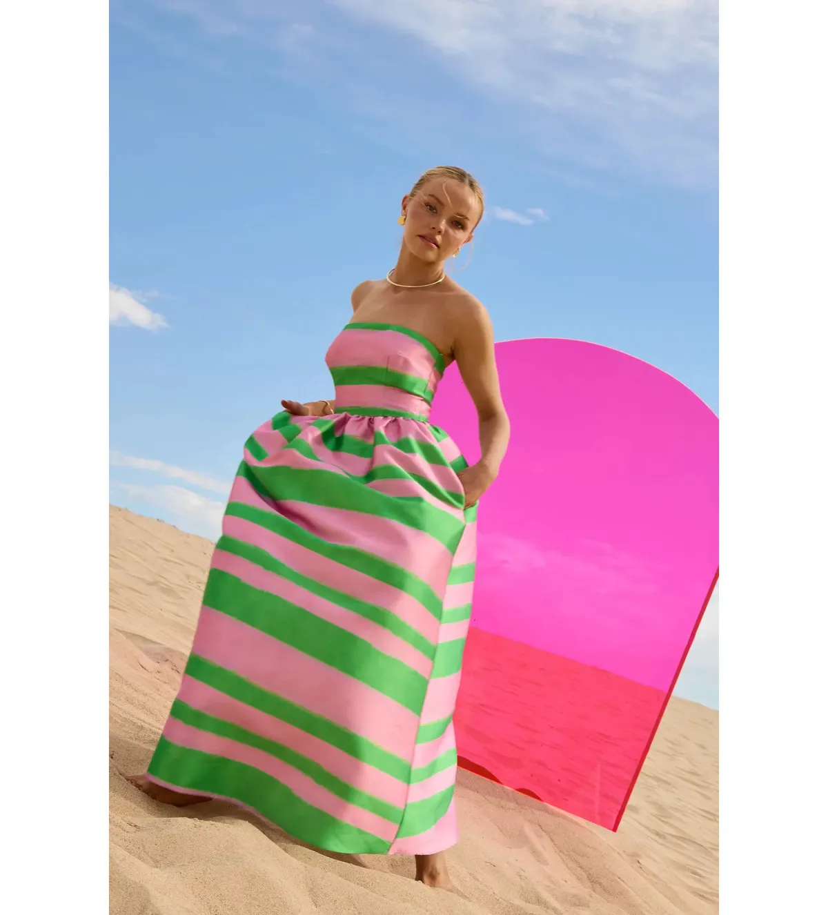 Pasduchas Gigi Strapless Midi Dress Pink and Green Stripe Taffeta Size 12 - Image 4