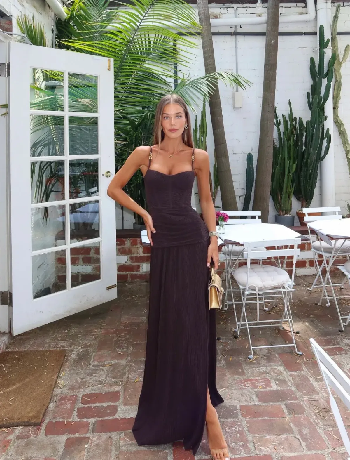 DOUBLE TIME PLEAT DRESS | DARK CHOCOLATE - Image 1