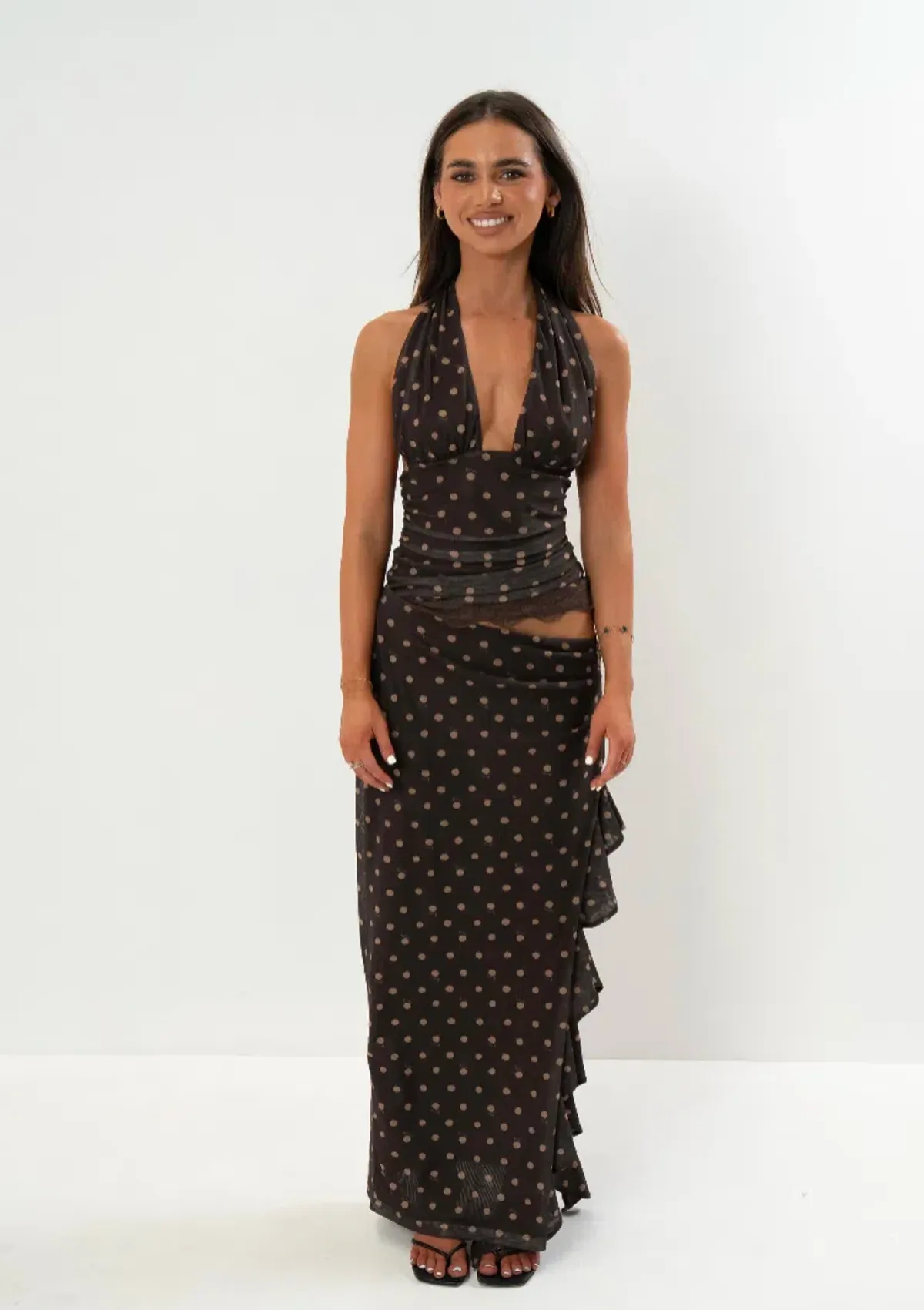 Benni Penelope Maxi Dress Espresso Chocolate Polka Dot - Image 1