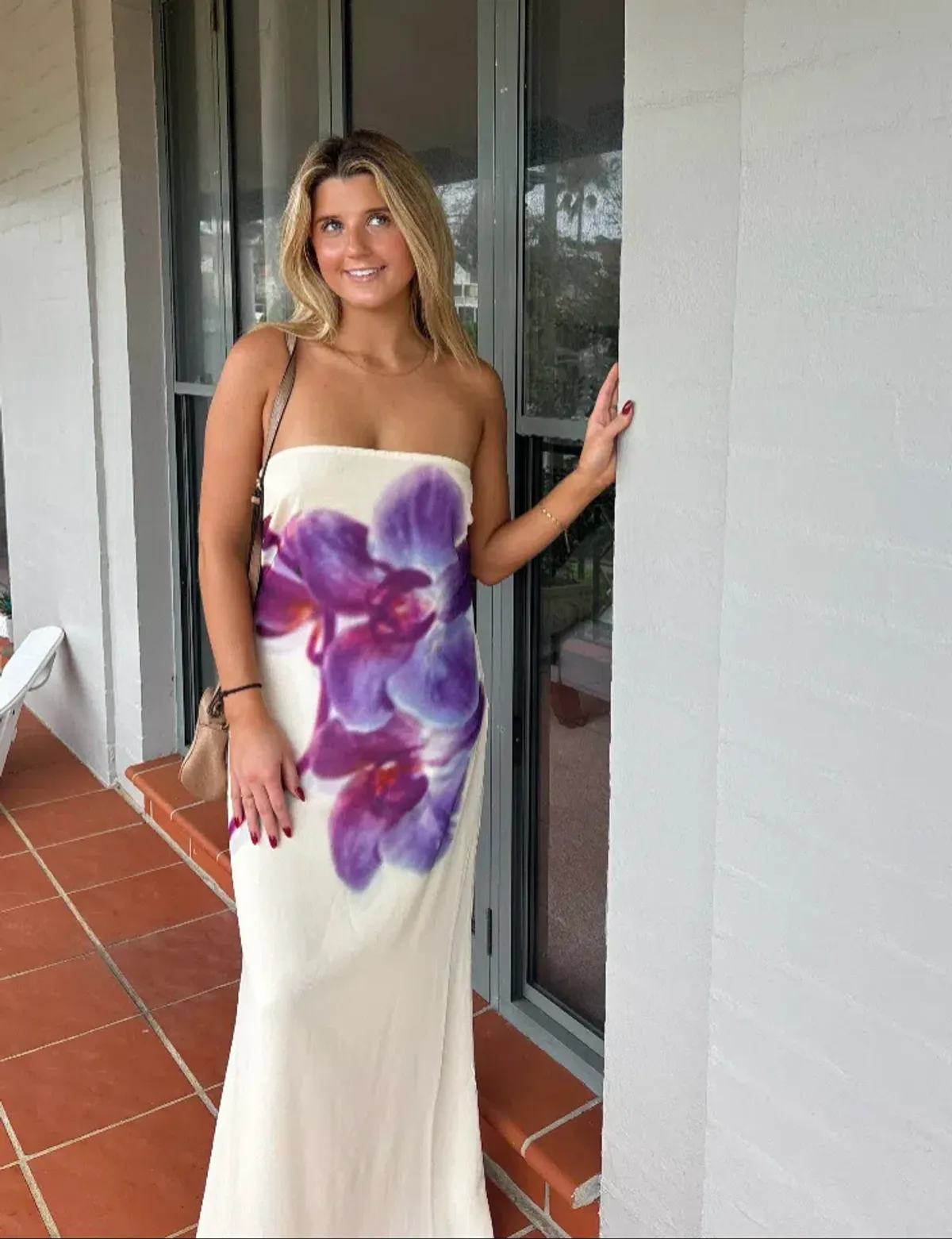 Meshki Amaya Strapless Chiffon Maxi Dress Ivory Koi Orchid - Image 1