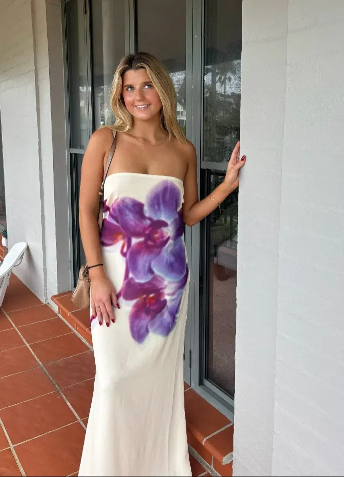 Meshki Amaya Strapless Chiffon Maxi Dress Ivory Koi Orchid - Image 1