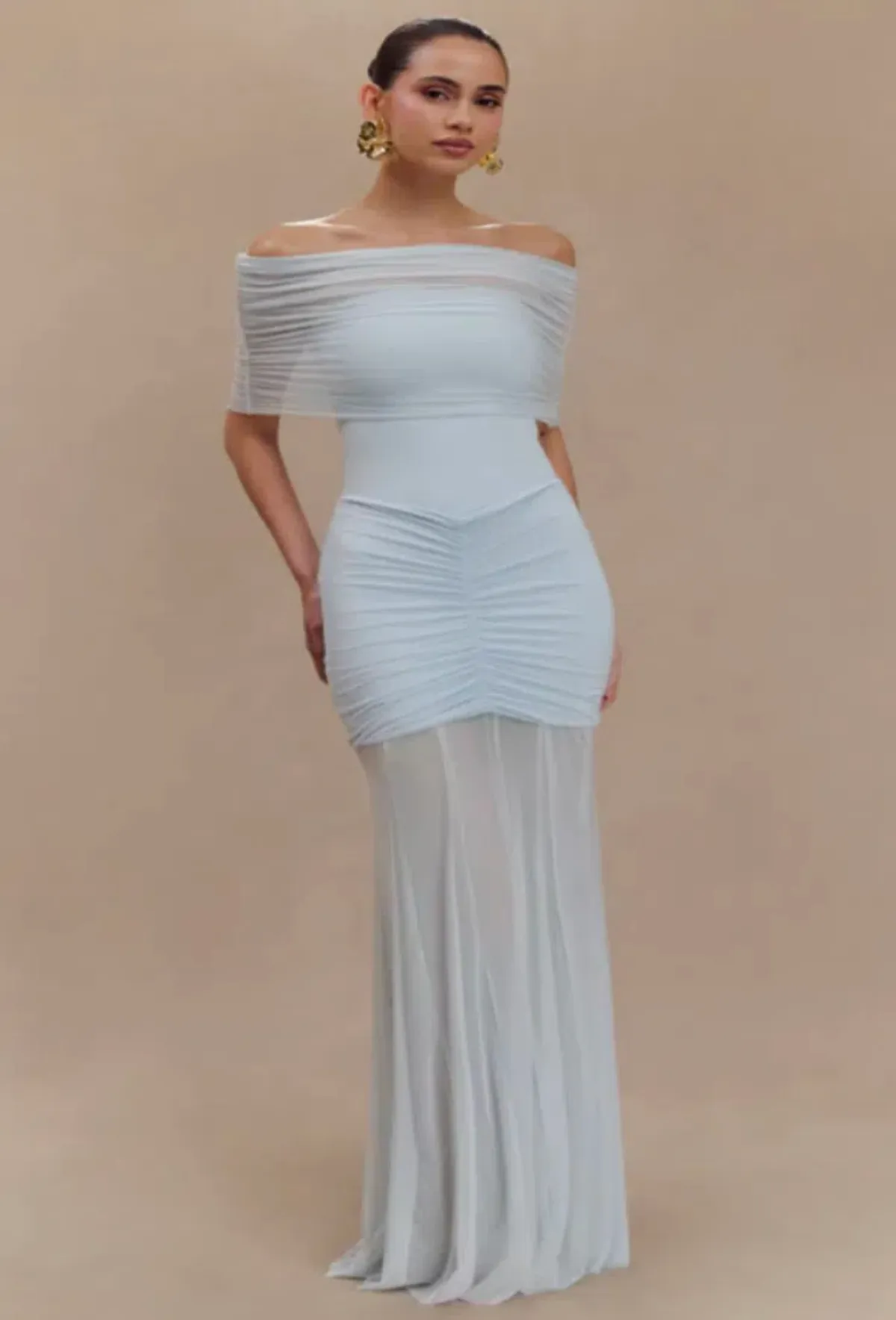 Meshki Caspian Slinky And Mesh Off Shoulder Maxi Dress - Pale Blue - Image 1