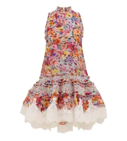 Zimmermann Luna Shirred Lantern Mini Dress in Multi Floral Size 0 AU 8 for rent on The Volte - image 1