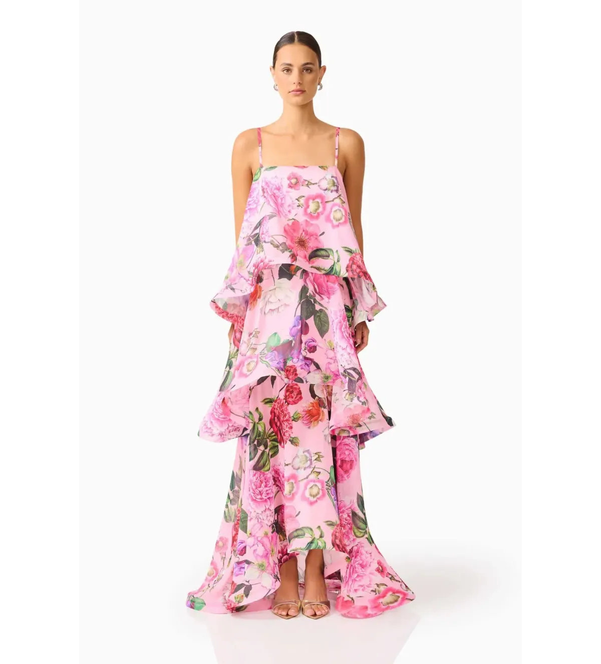 Elliatt Armani Tiered Maxi Dress Pink Floral Size L AU 12 - Image 1