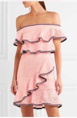 Rebecca Vallance Courtside Off-the Shoulder Ruffled Guipure Lace Mini Dress in Pink. Size 12. for rent on The Volte - image 1