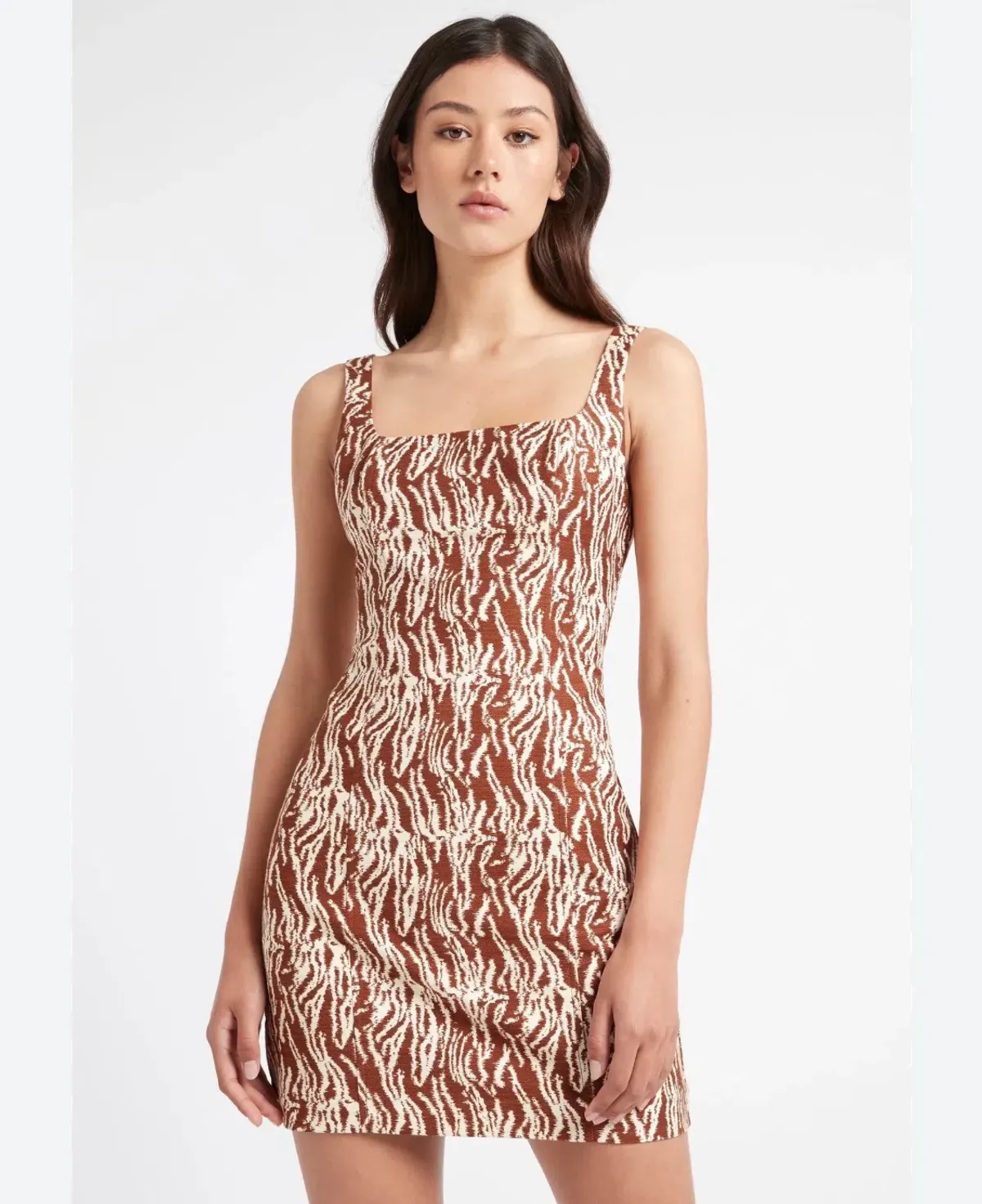 KOOKAI Mini Pencil Dress Brown White Abstract Cotton Blend Size 10 - Image 3