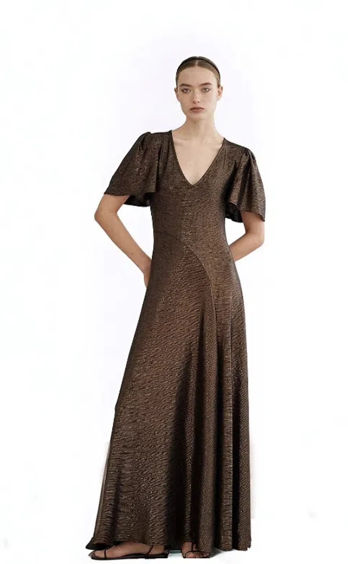 Luxe De Valentina V-neck Fluted Como Maxi Dress Mocha size 12 - Image 1
