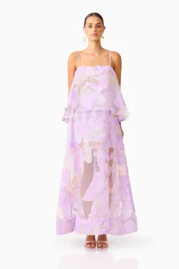 Elliatt Elysia Tiered Maxi Gown in Purple Floral Size S / AU 8 for rent on The Volte - image 1