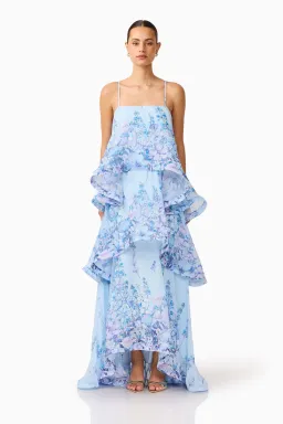 Elliatt  Armani Tiered Maxi Dress in Baby Blue Floral Size XS / AU 6 for rent on The Volte - image 1