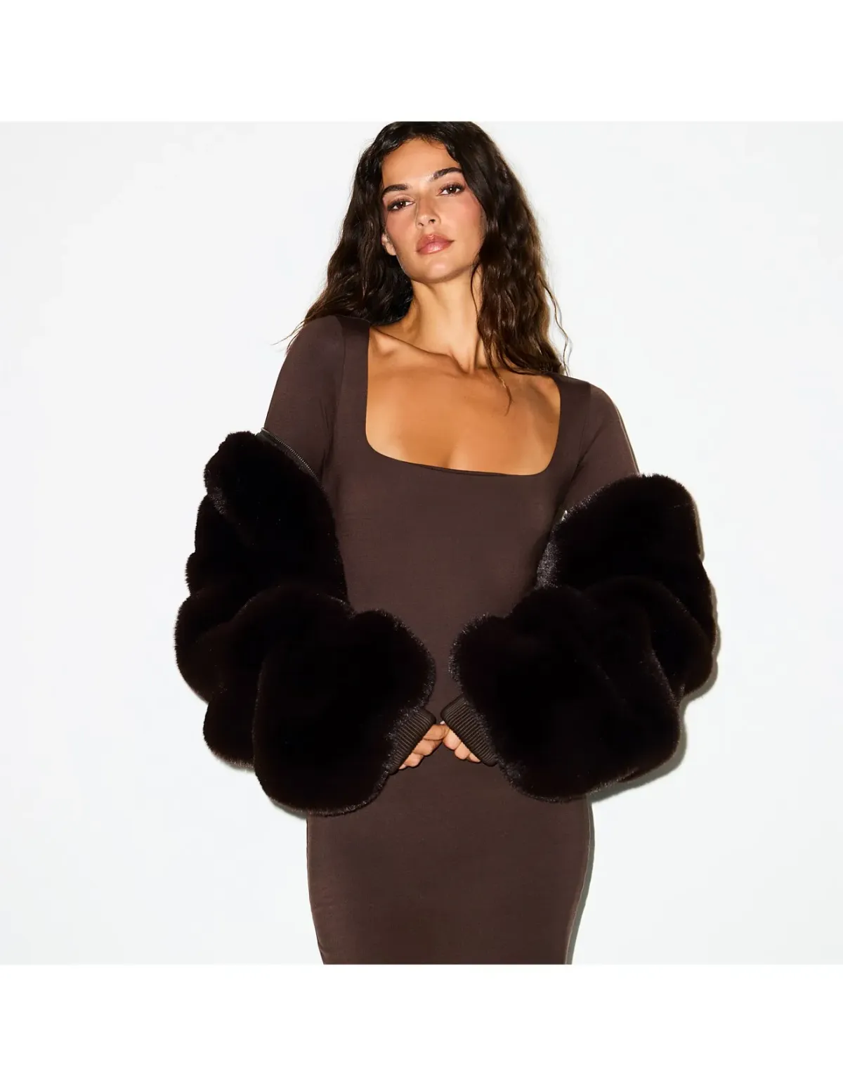 Skims Smooth Layers Square Neck Long Sleeve Midi Dress Brown Size XS - Image 3