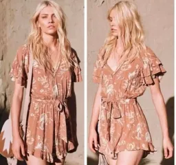  SPELL & THE GYPSY Playsuit Size XS Brown Floral Tie Waist Rosa Romper Boho for rent on The Volte - image 1