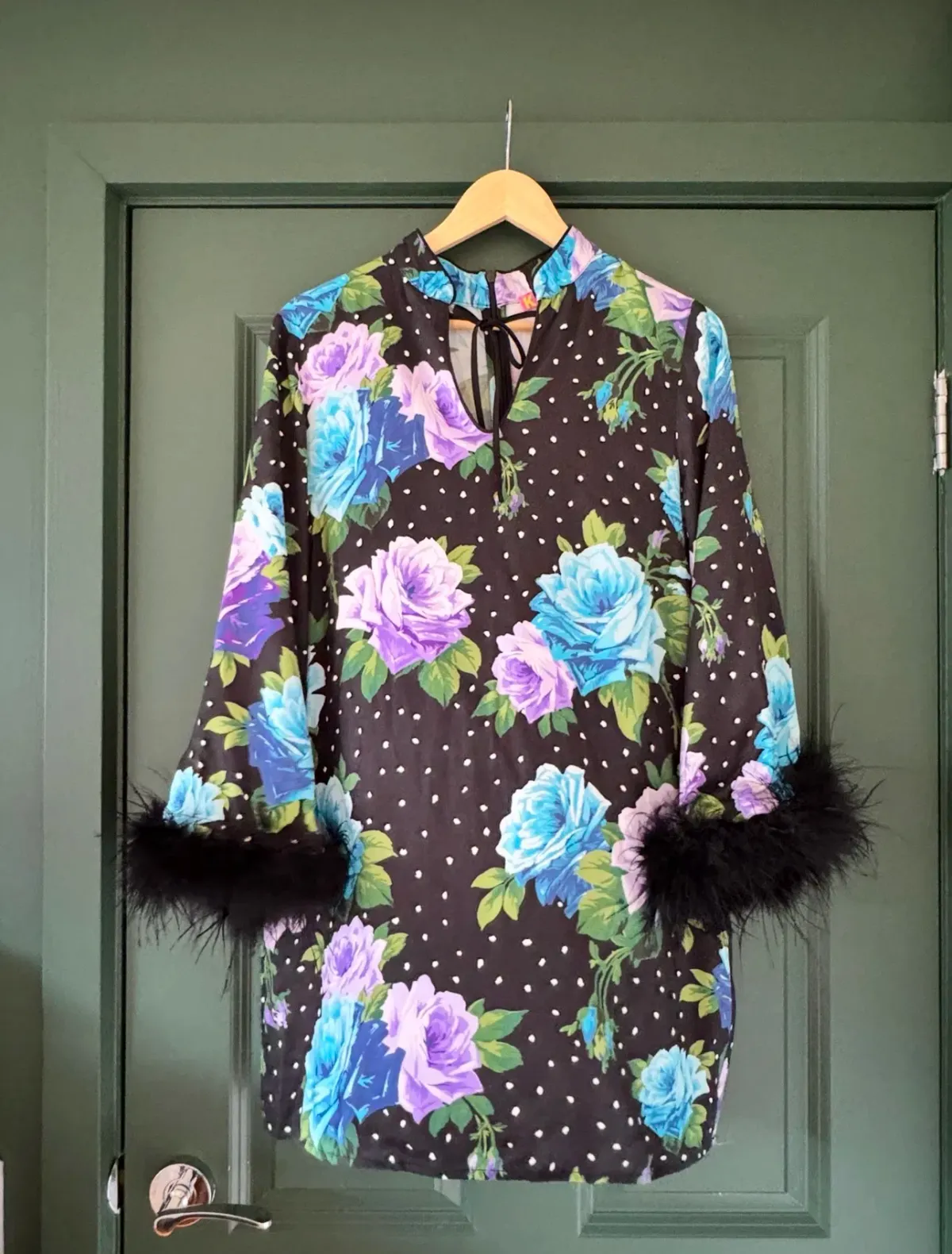 Kitri Carlotta Blue Painted Rose Mini Dress. Size 12 - Image 1