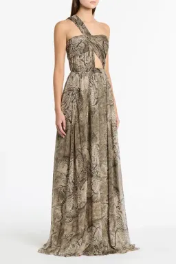 Carla Zampatti Size 12 Lindy Lee Moss Fierce Dragon Silk Button Gown for rent on The Volte - image 5