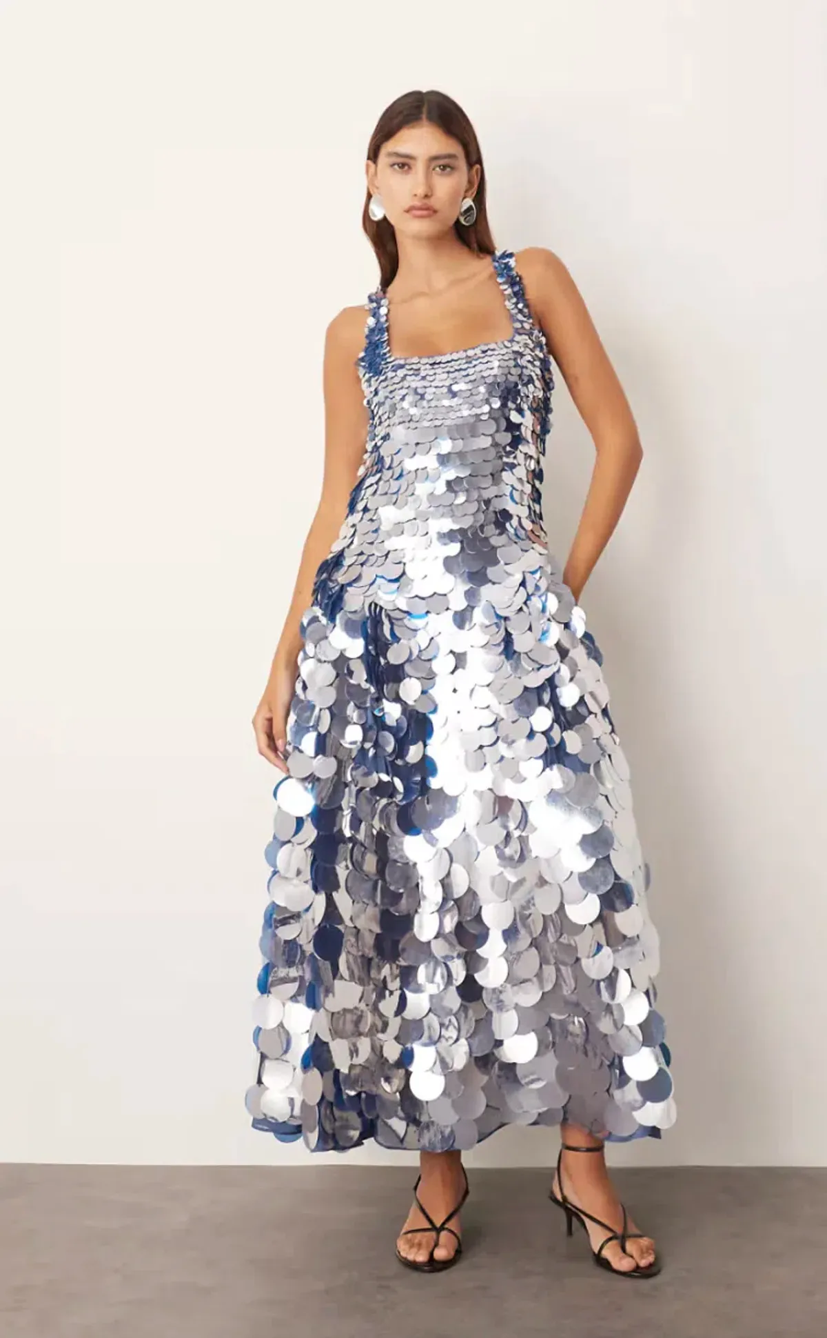 Embellished Disc Sequin Square Neck Full Skirt Midi Dress in Blue - Image 1