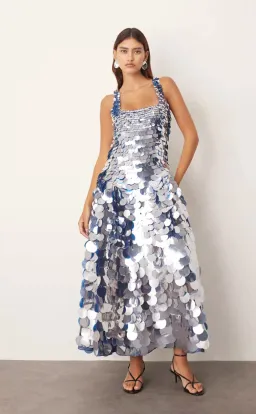Embellished Disc Sequin Square Neck Full Skirt Midi Dress in Blue for rent on The Volte - image 1