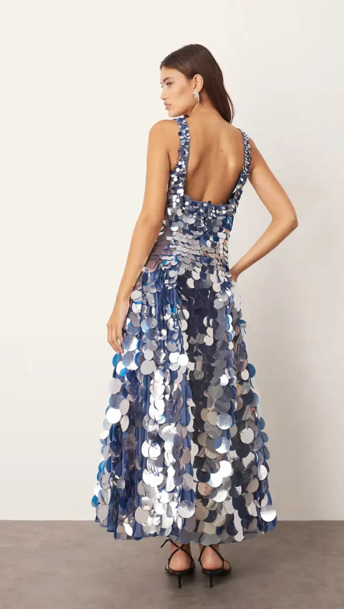 Embellished Disc Sequin Square Neck Full Skirt Midi Dress in Blue - Image 2