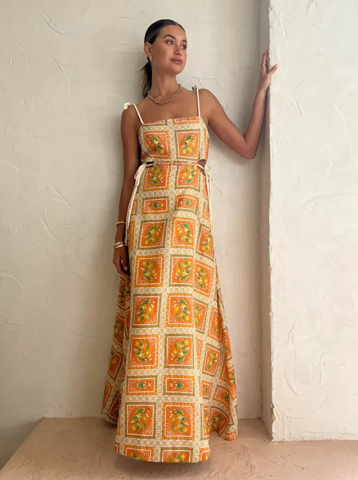 By Nicola Lemonade Tie Maxi Dress Orange Mosaic Size 10 - Image 1
