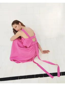 Oroton Bow Detail Fuchsia Pink Sundress Size 14 Linen Strappy Maxi Gown for rent on The Volte - image 8