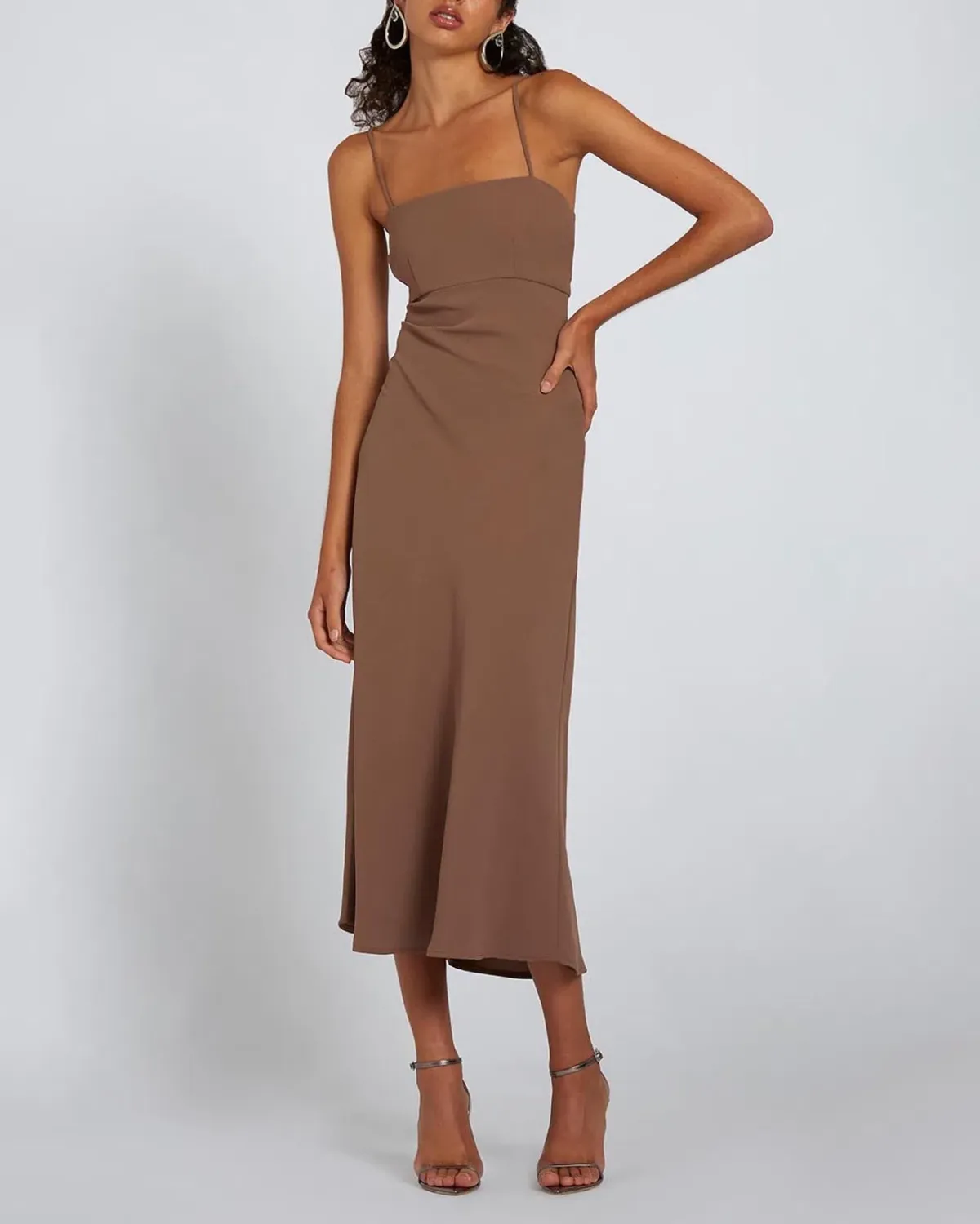 BY JOHNNY Fall Bias Midi Dress In Brown Mocha | Size AU 14 - Image 4