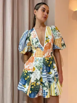 BY NICOLA - Wavy Mini Dress In Lemon Patchwork for rent on The Volte - image 1