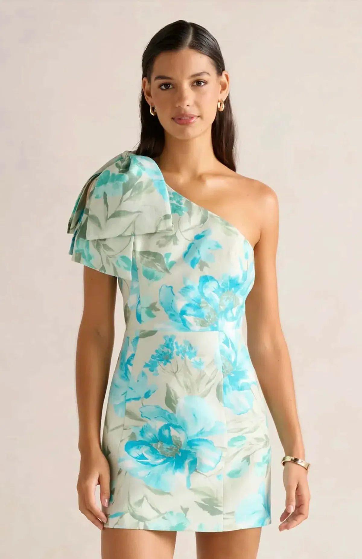 Forever New Darcy One Shoulder Bow Mini Dress Mint Lyell Floral Size AU 10 / M - Image 1